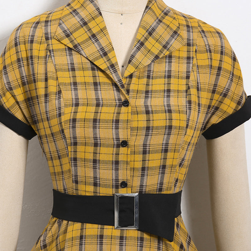 1950s Plaid Lapel Large Swing Dress