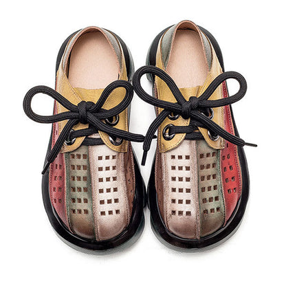 Retro Multicolor Hollow Genuine Leather Platform Sandals