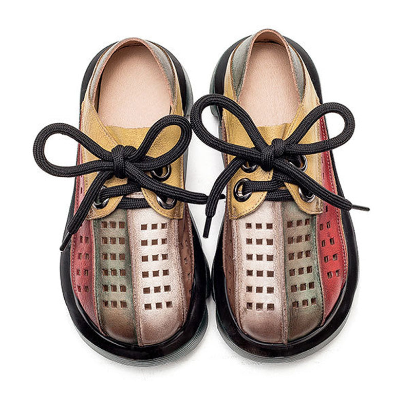Retro Multicolor Hollow Genuine Leather Platform Sandals