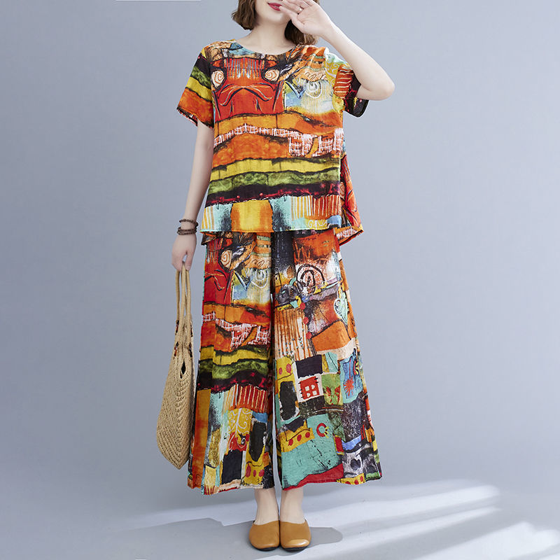 Summer Retro Short-sleeved Top + Wide-leg Pants Two-piece Suit