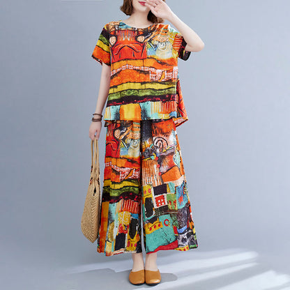 Summer Retro Short-sleeved Top + Wide-leg Pants Two-piece Suit