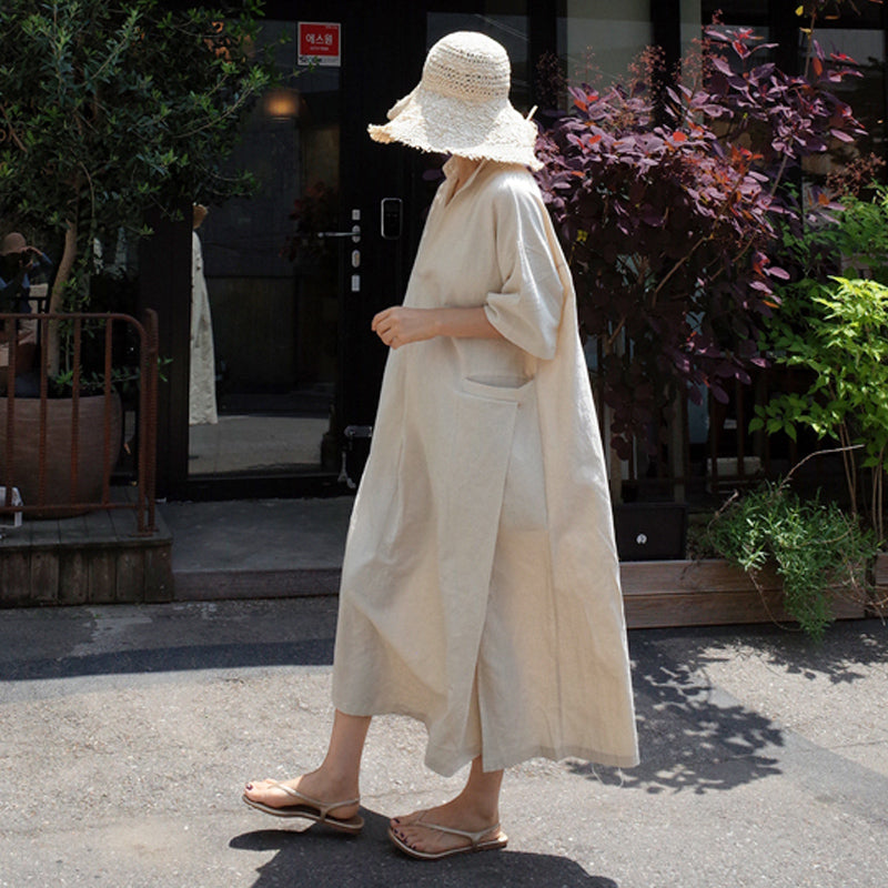 Short Sleeve Cotton Llinen Dress