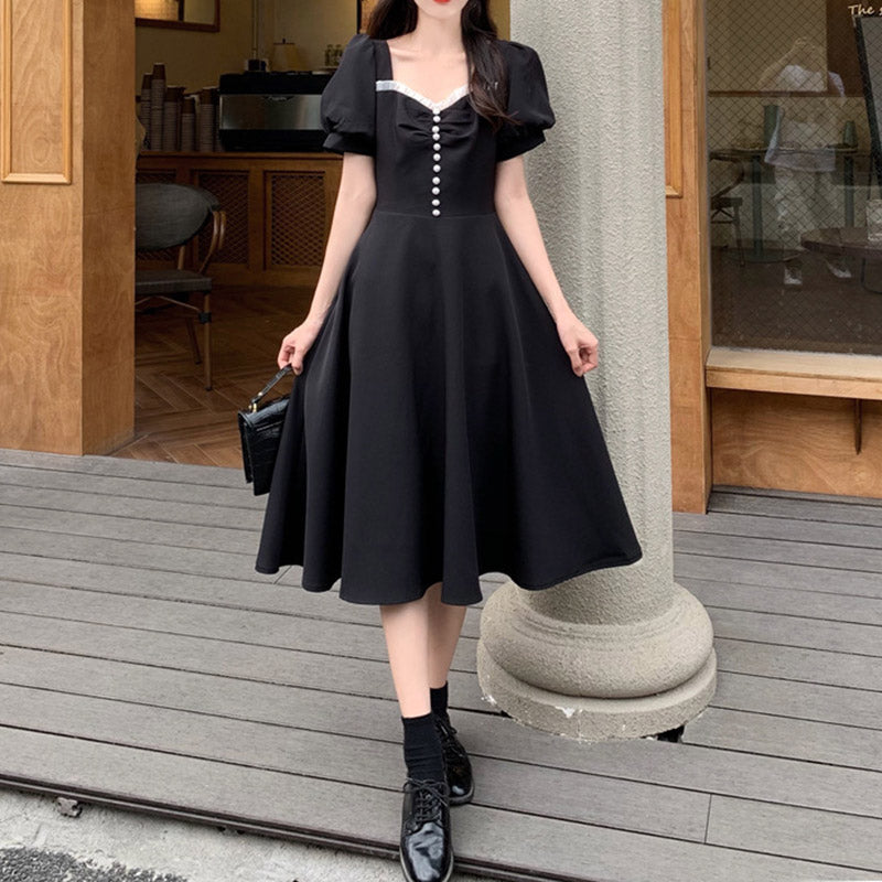 French Summer Retro Lace-up Waist Dress