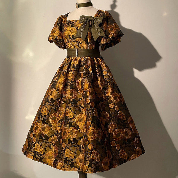 Retro Embossed Puff Sleeve Dress