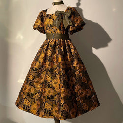 Retro Embossed Puff Sleeve Dress