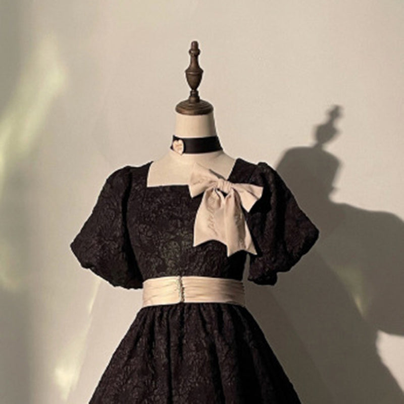Retro Embossed Puff Sleeve Dress