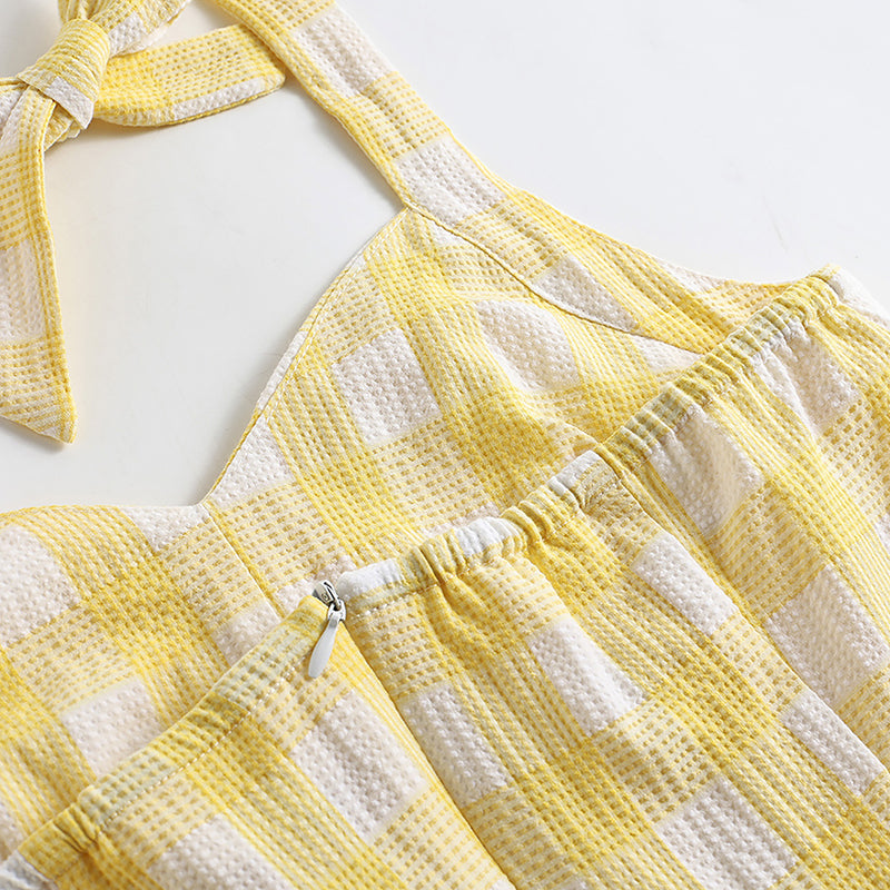 1950s Retro Plaid V-neck High Waist Midi Dress