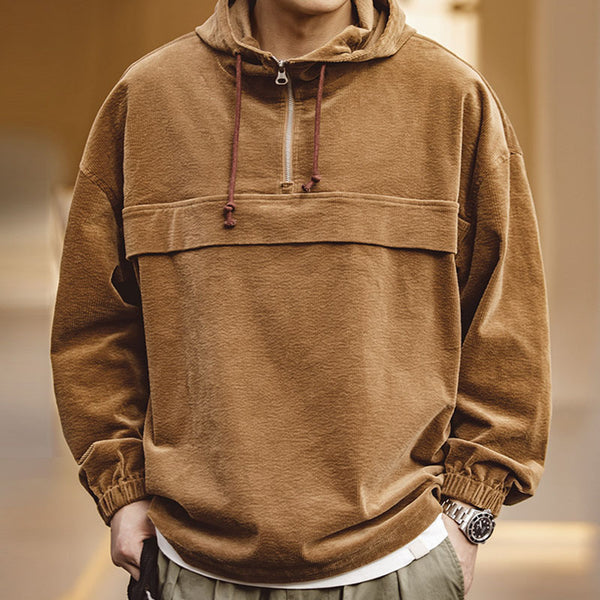 Corduroy Stand-up Collar Zipper Hoodie