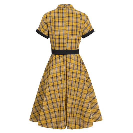 1950s Plaid Lapel Large Swing Dress