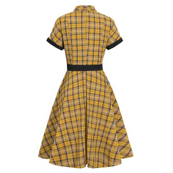 1950s Plaid Lapel Large Swing Dress