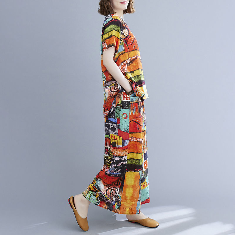 Summer Retro Short-sleeved Top + Wide-leg Pants Two-piece Suit