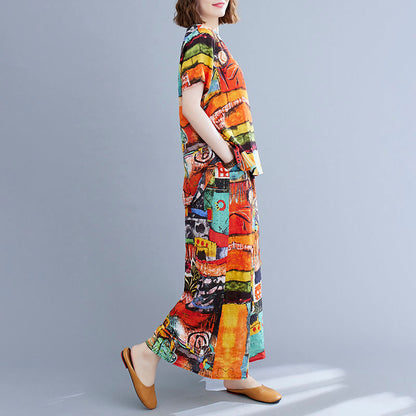Summer Retro Short-sleeved Top + Wide-leg Pants Two-piece Suit