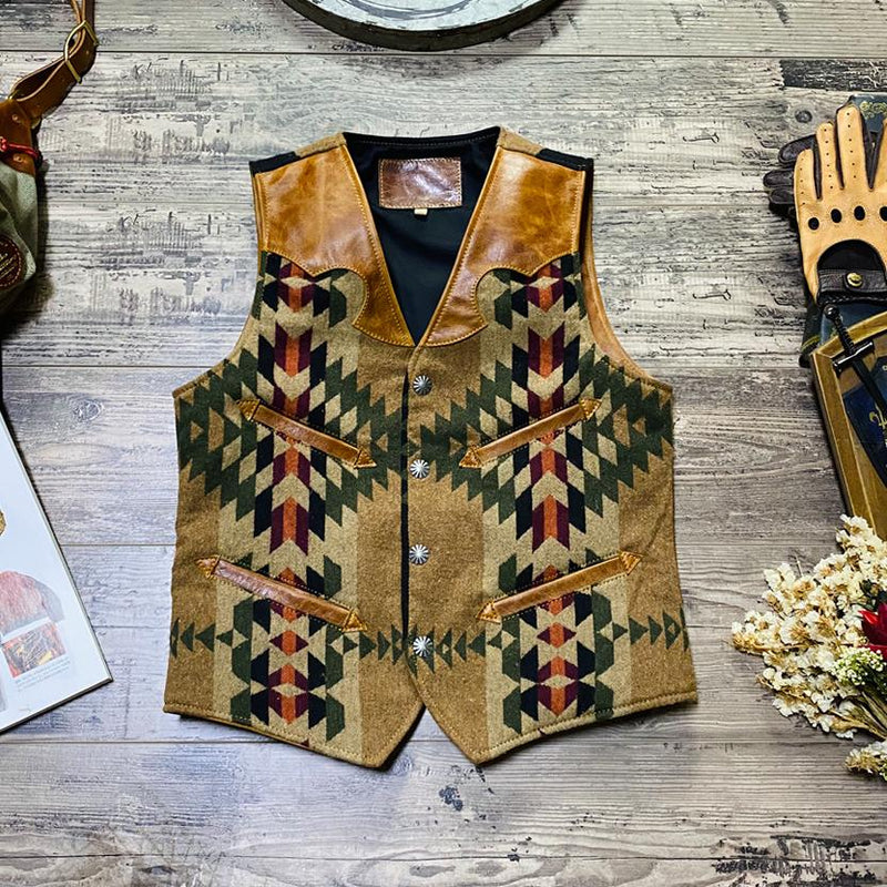 Men¡¯s Navajo Totem Tobacco Waxed Cowhide Vest