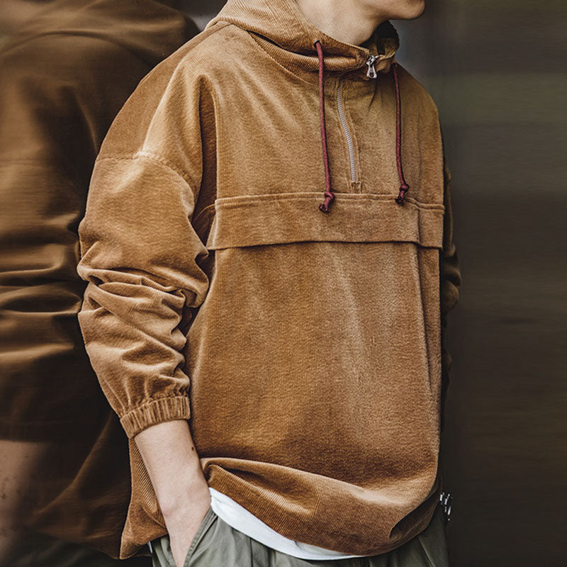 Corduroy Stand-up Collar Zipper Hoodie
