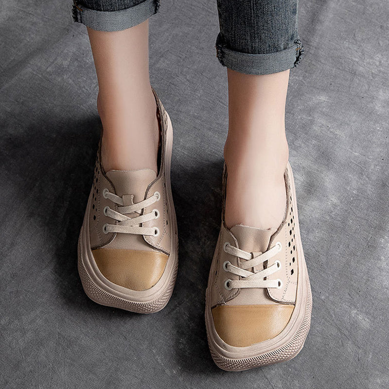 Leather Hollow Square Head Casual Shoes