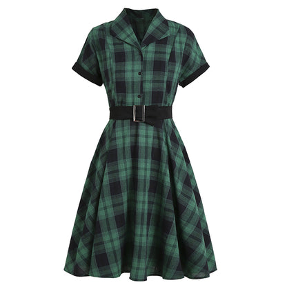 1950s Plaid Lapel Large Swing Dress