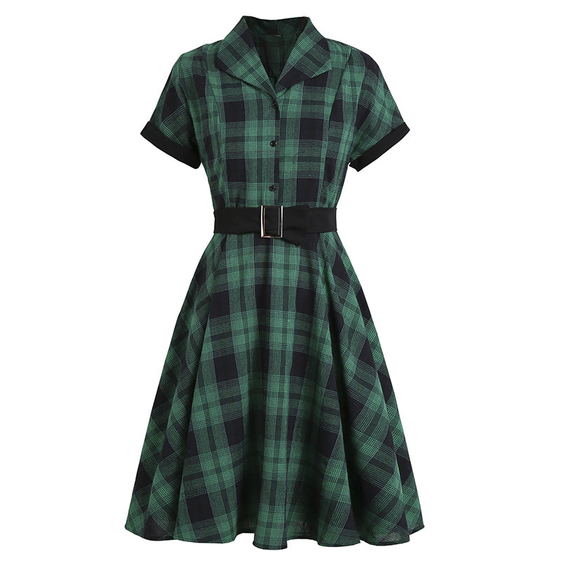 1950s Plaid Lapel Large Swing Dress