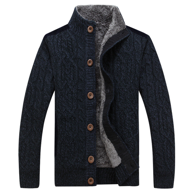 Striped stand-collar cardigan sweater