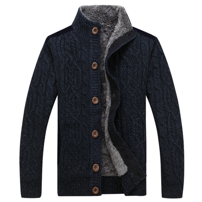 Striped stand-collar cardigan sweater