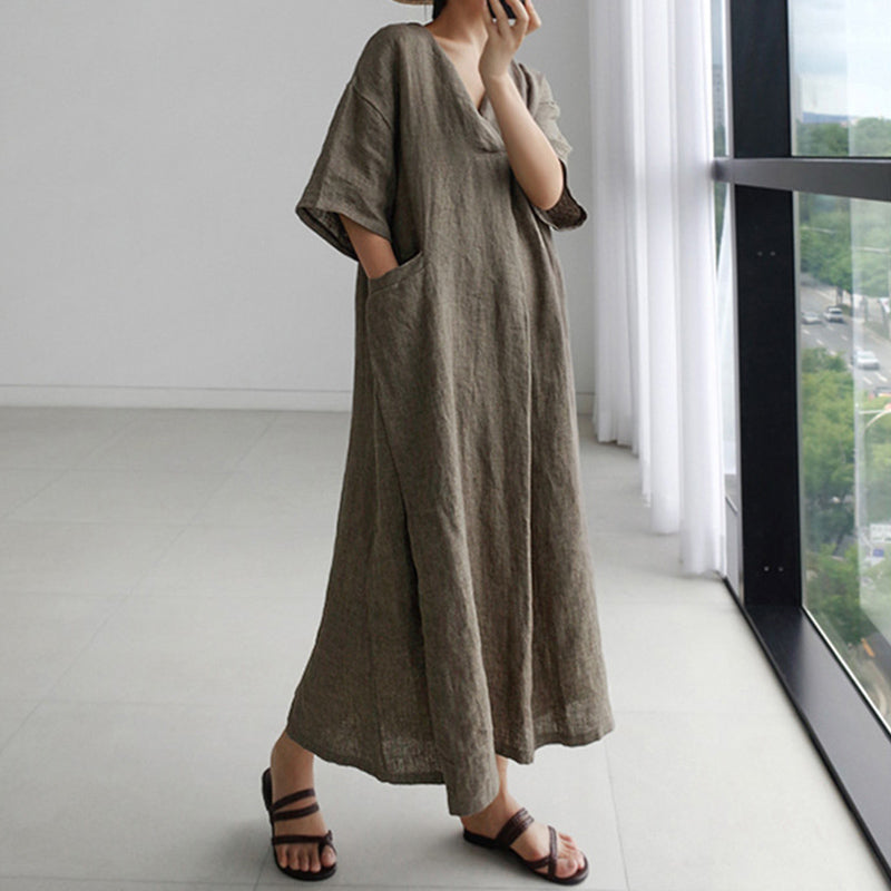 Short Sleeve Cotton Llinen Dress