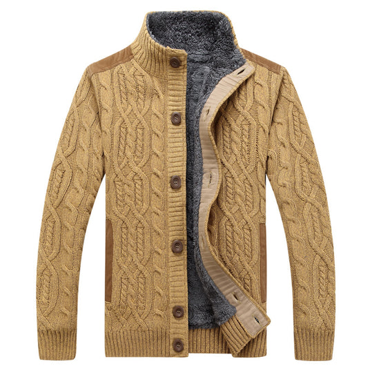 Striped stand-collar cardigan sweater