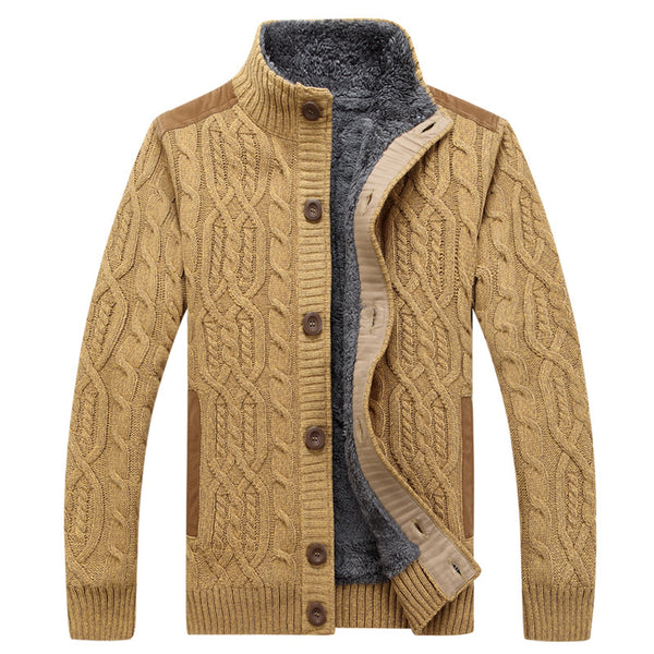 Striped stand-collar cardigan sweater
