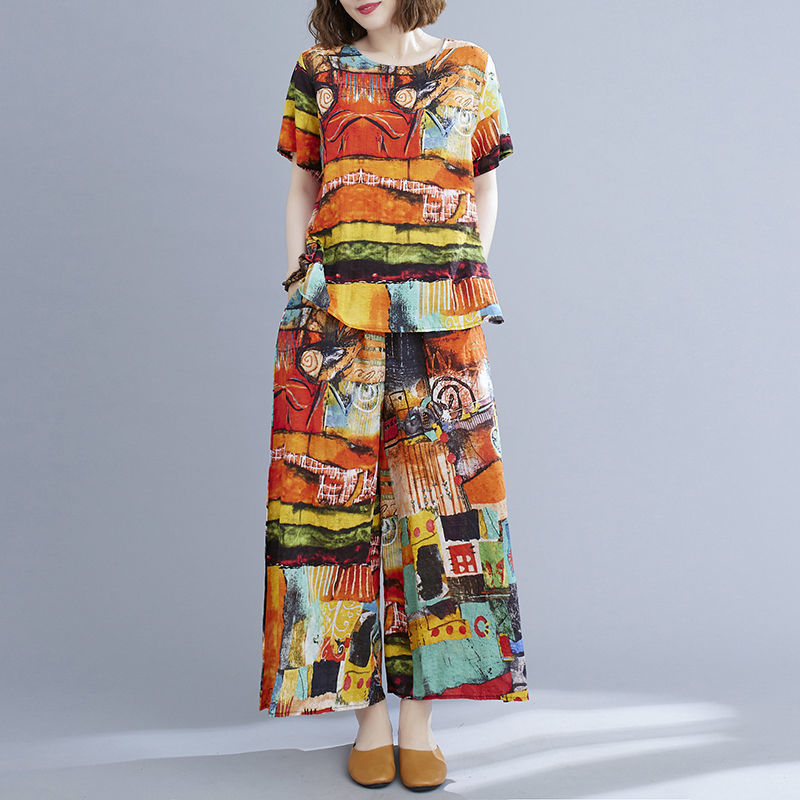 Summer Retro Short-sleeved Top + Wide-leg Pants Two-piece Suit
