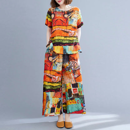 Summer Retro Short-sleeved Top + Wide-leg Pants Two-piece Suit