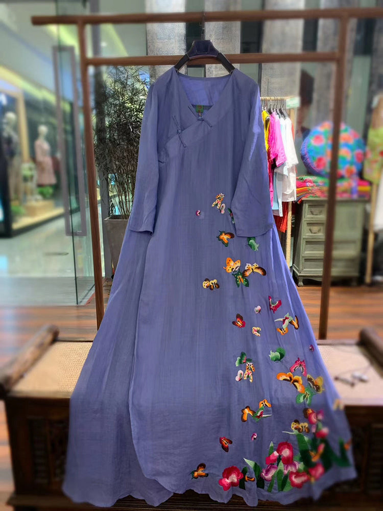 Linen V-neck Embroidered Butterfly Dress