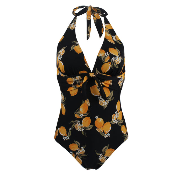 Halter Printing Black One-piece Swimsuit