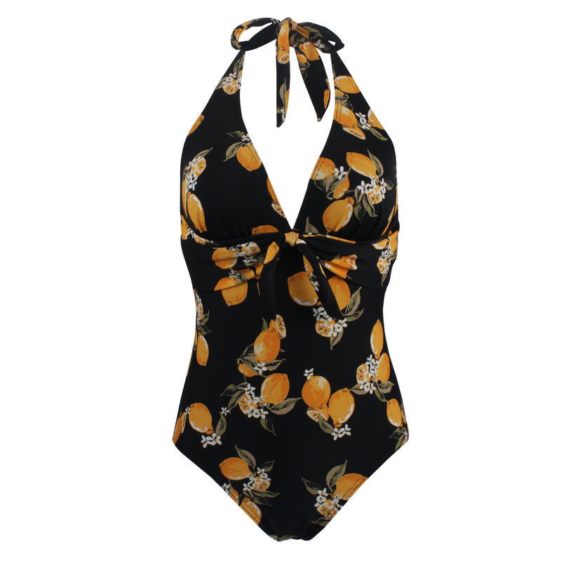 Halter Printing Black One-piece Swimsuit