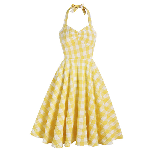 1950s Retro Plaid V-neck High Waist Midi Dress