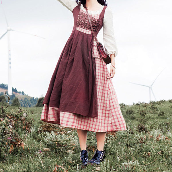 Retro Floral Plaid Long-sleeved Sress