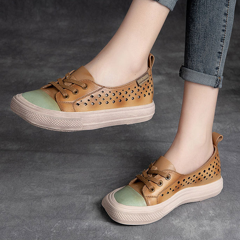Leather Hollow Square Head Casual Shoes