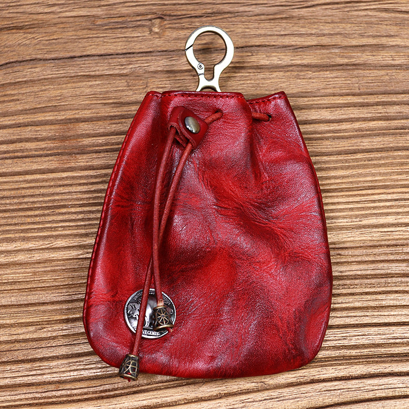 Cowhide Waist Pleated Drawstring Coin Purse Storage Bag