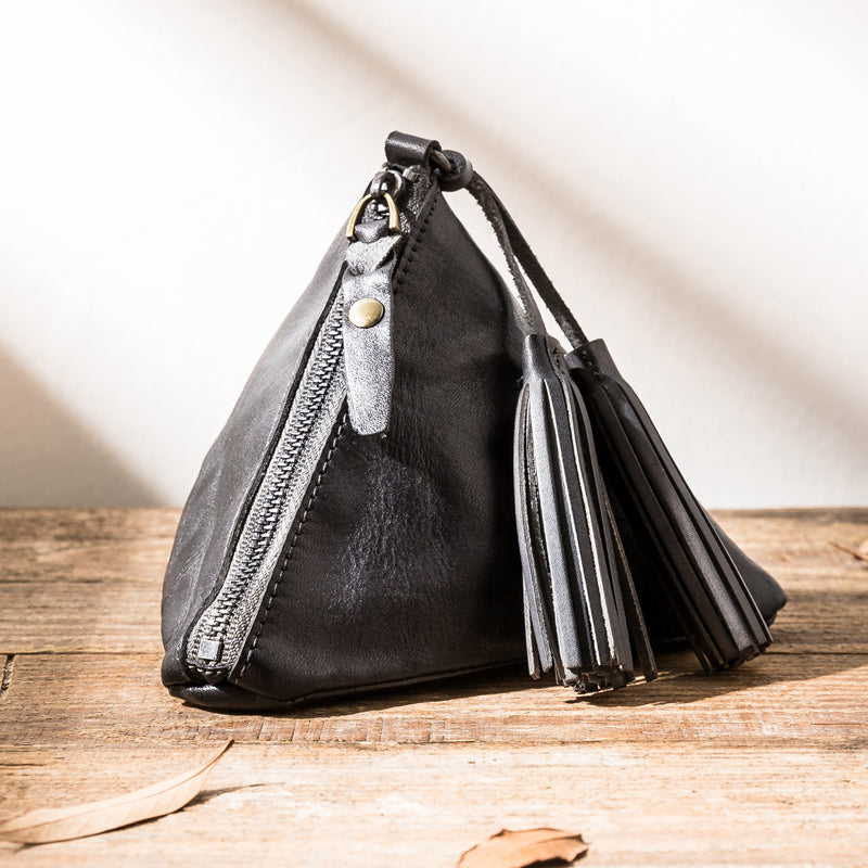 Leather Retro Triangle Cash Wallet Coin Tassel Storage Bag
