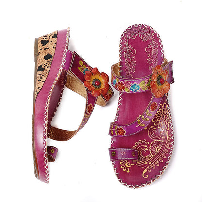 Retro Handmade Floral Wedge Flip Flops Sandals