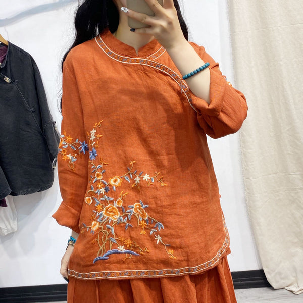 Retro Embroidered Linen Long-sleeved Shirts