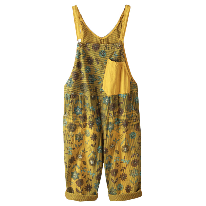 Floral Color Block Denim Overalls