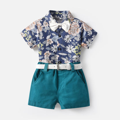 Two-piece Summer Flower Short-sleeved Shirt + Shorts