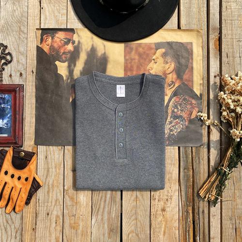 Men's Vintage Waffle Henry Collar Cotton Long-sleeved T-shirt