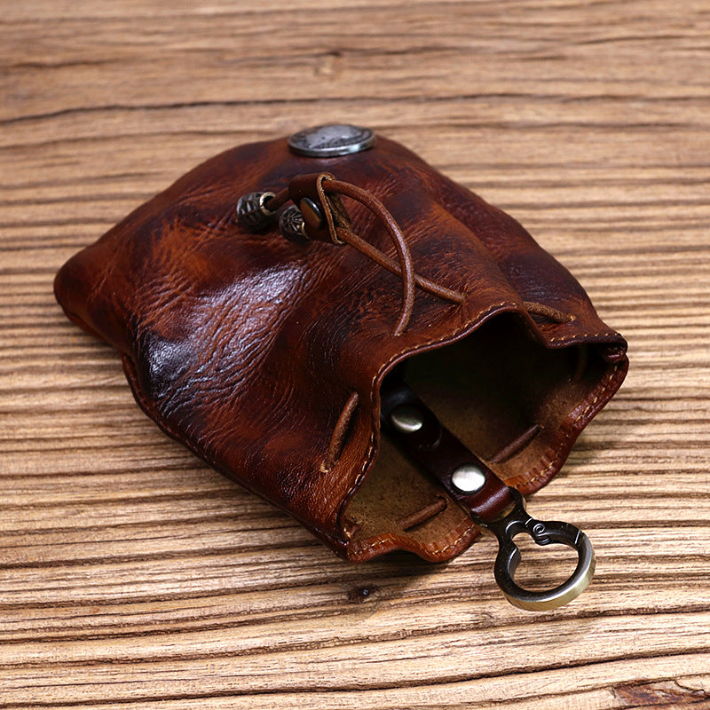 Cowhide Waist Pleated Drawstring Coin Purse Storage Bag