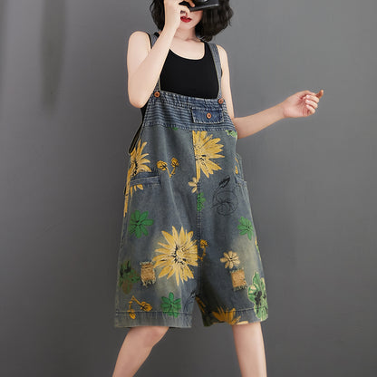 Flower Print Denim Rompers