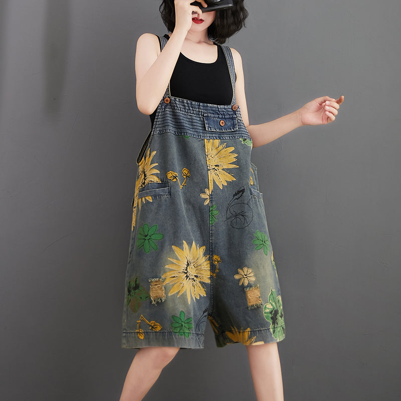 Flower Print Denim Rompers