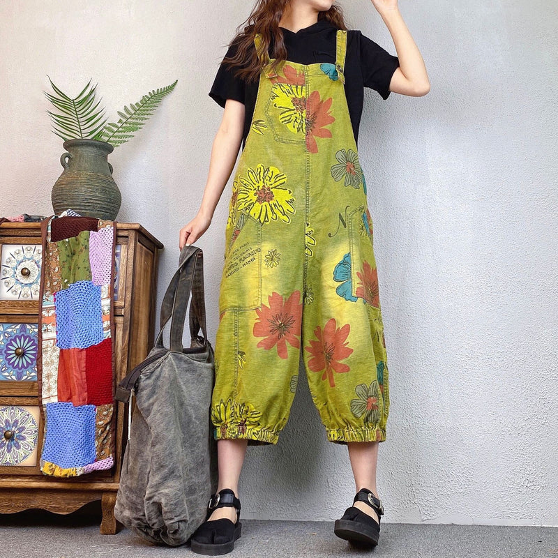 Loose Ethnic Floral Print Denim Overalls