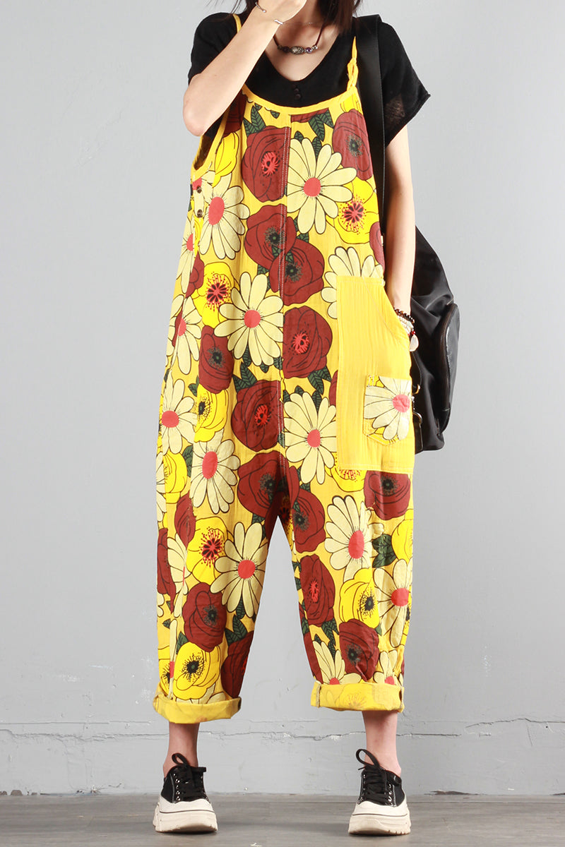 Chrysanthemum Print Wide-leg Overalls