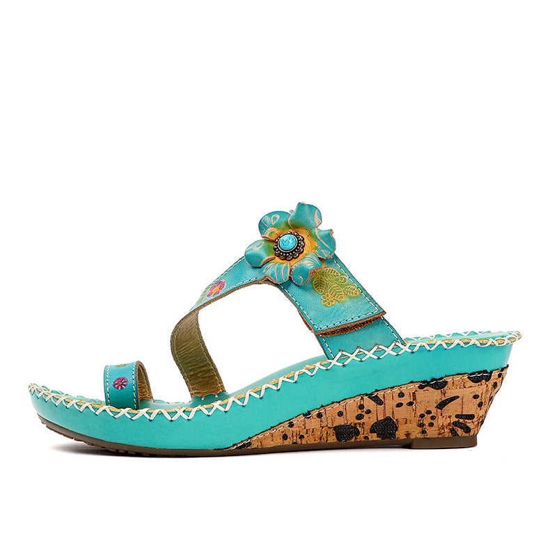 Retro Handmade Floral Wedge Flip Flops Sandals