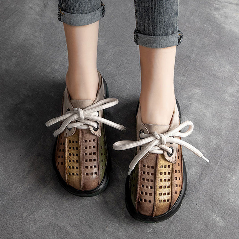 Retro Multicolor Hollow Genuine Leather Platform Sandals