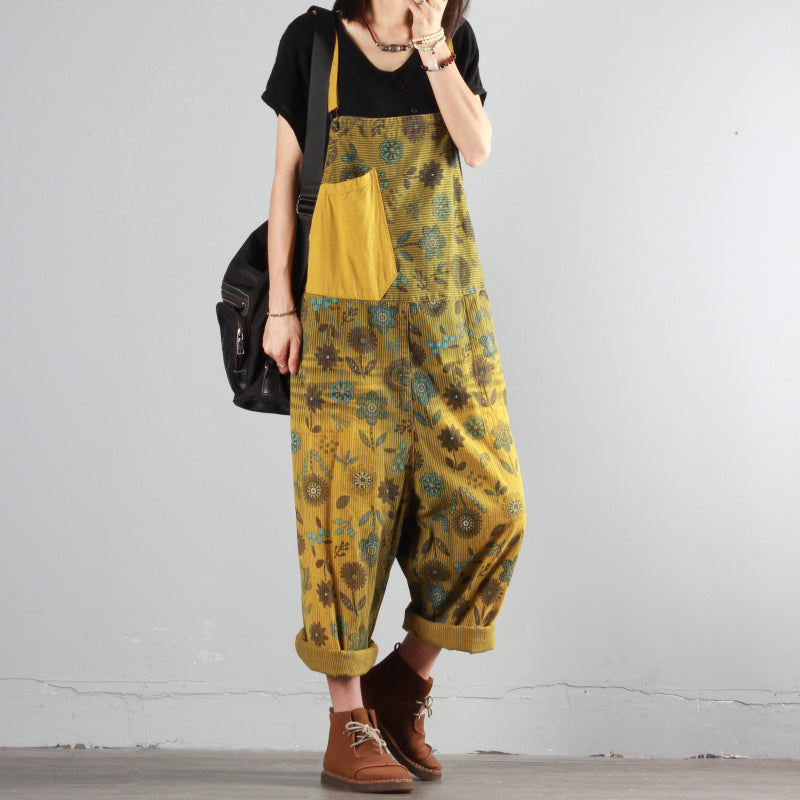 Floral Color Block Denim Overalls