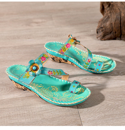 Retro Handmade Floral Wedge Flip Flops Sandals